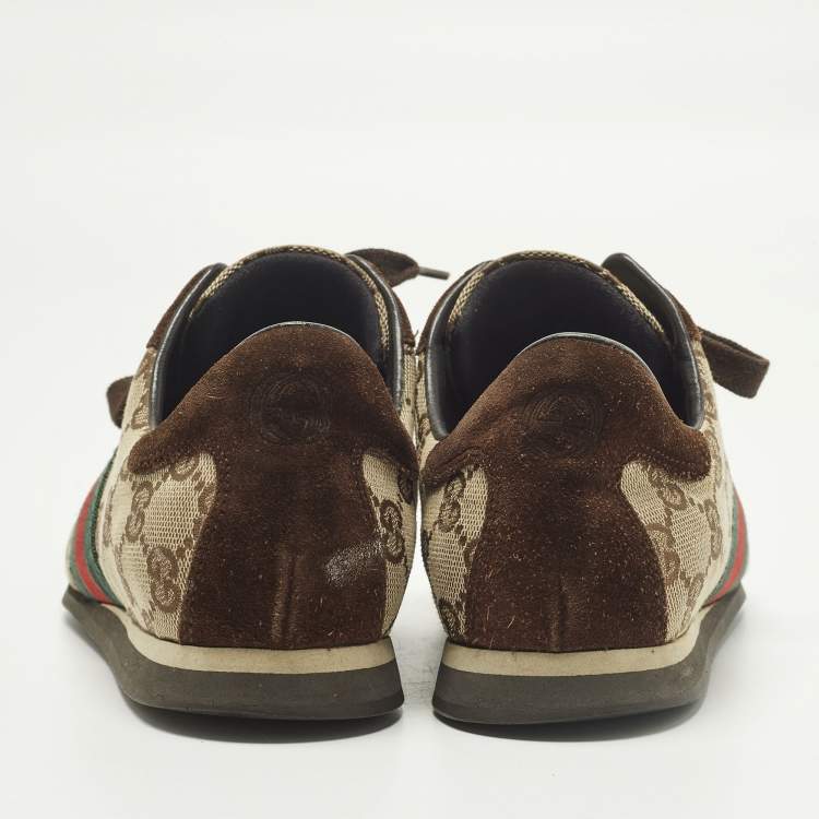 Pre Owned Gucci Web Size 37 Dark Brown/Beige GG Canvas and Suede Low Top Sneakers