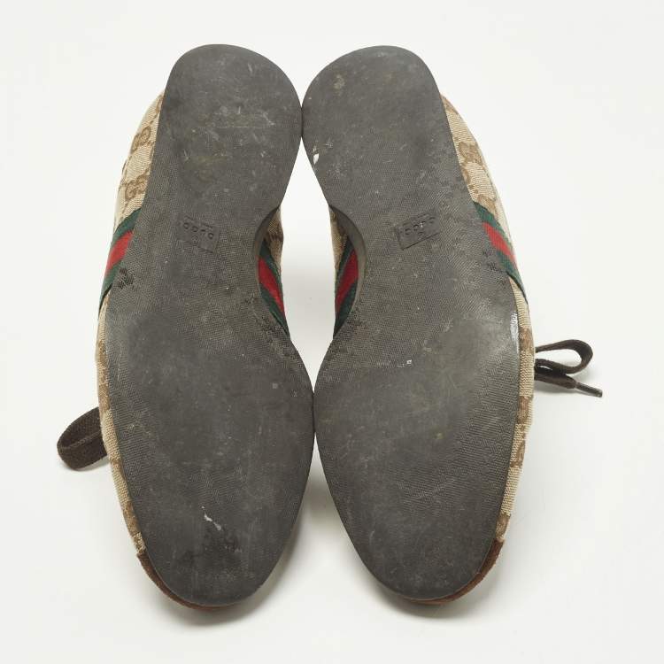 Pre Owned Gucci Web Size 37 Dark Brown/Beige GG Canvas and Suede Low Top Sneakers