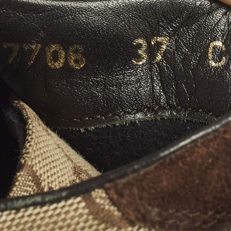 Pre Owned Gucci Web Size 37 Dark Brown/Beige GG Canvas and Suede Low Top Sneakers