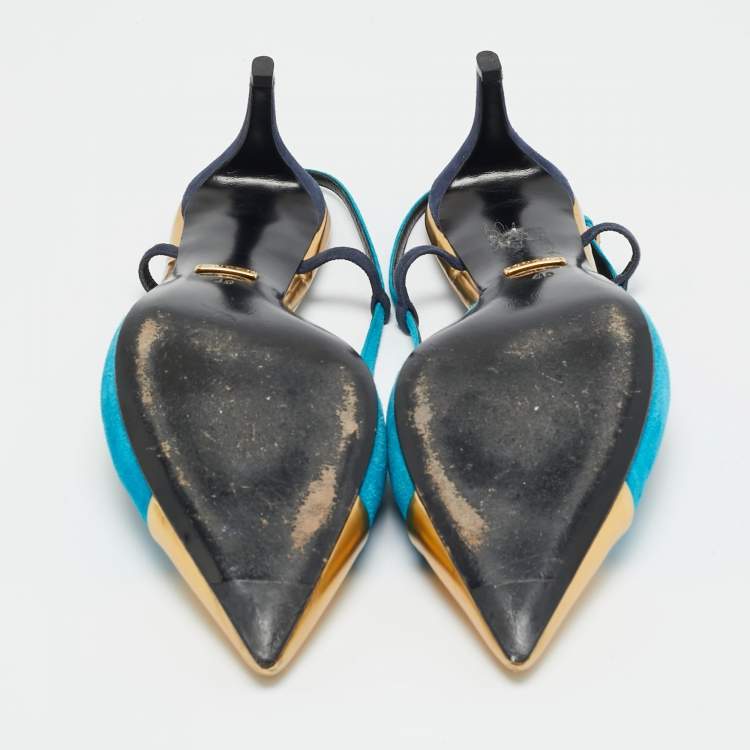 مملوكة مسبقًا Gucci Size 40 Tricolor Leather and Suede Cap Toe Slingback Pumps