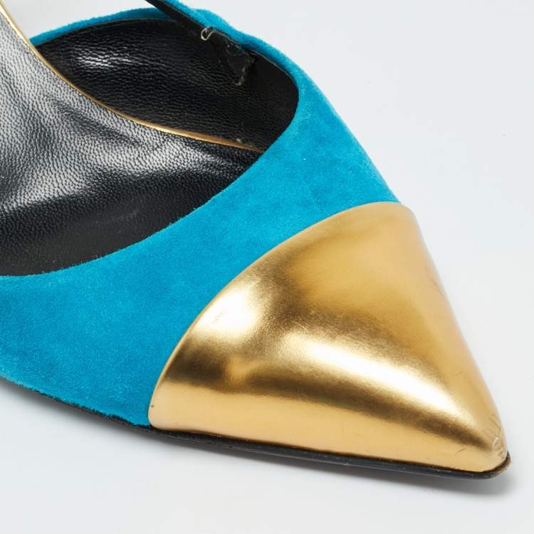 مملوكة مسبقًا Gucci Size 40 Tricolor Leather and Suede Cap Toe Slingback Pumps