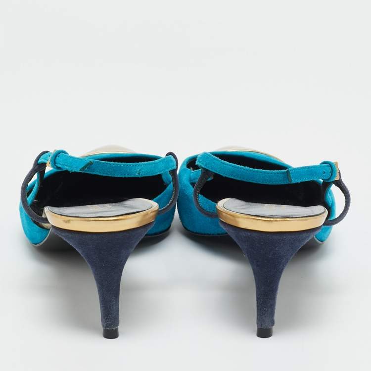 مملوكة مسبقًا Gucci Size 40 Tricolor Leather and Suede Cap Toe Slingback Pumps