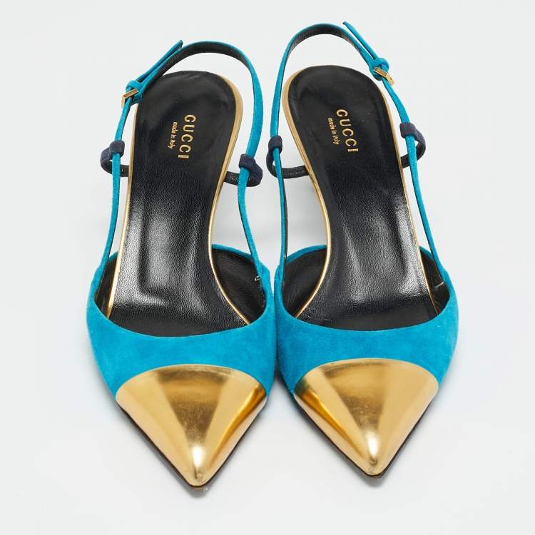 مملوكة مسبقًا Gucci Size 40 Tricolor Leather and Suede Cap Toe Slingback Pumps