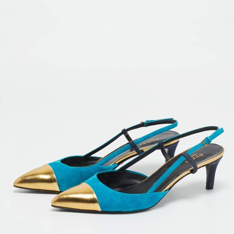 مملوكة مسبقًا Gucci Size 40 Tricolor Leather and Suede Cap Toe Slingback Pumps