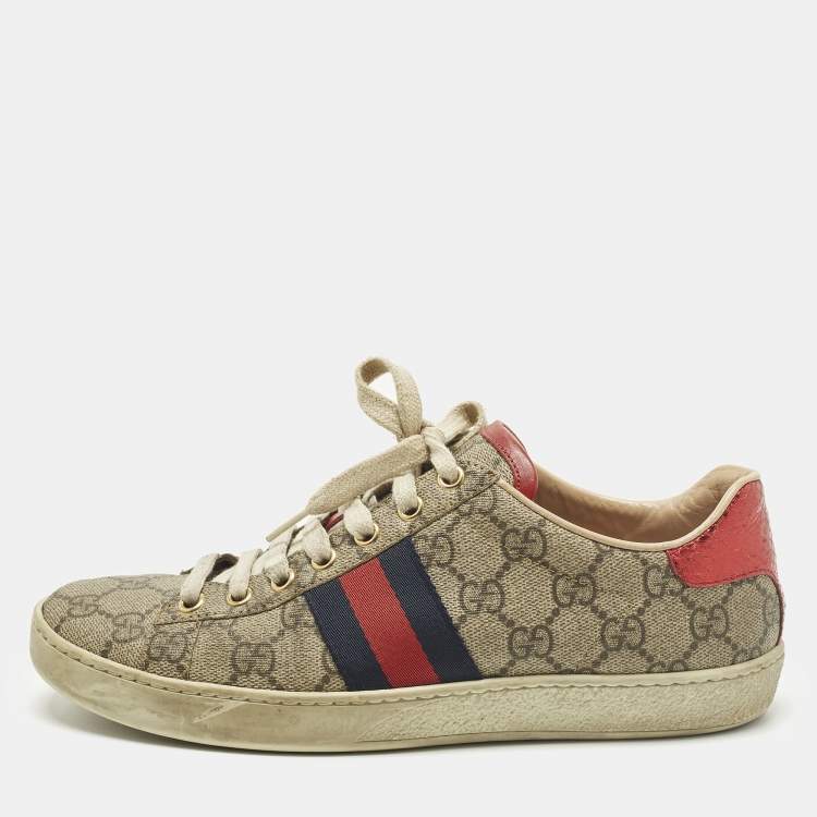 Pre Owned Gucci Ace Size 37 Beige GG Supreme Canvas Low Top Sneakers