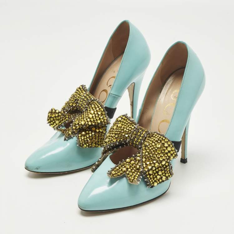 Pre Owned Gucci Elaisa Size 39 Blue Leather Crystal Embellished Pumps