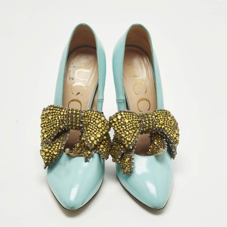 Pre Owned Gucci Elaisa Size 39 Blue Leather Crystal Embellished Pumps
