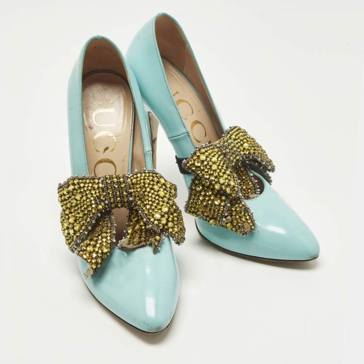 Pre Owned Gucci Elaisa Size 39 Blue Leather Crystal Embellished Pumps
