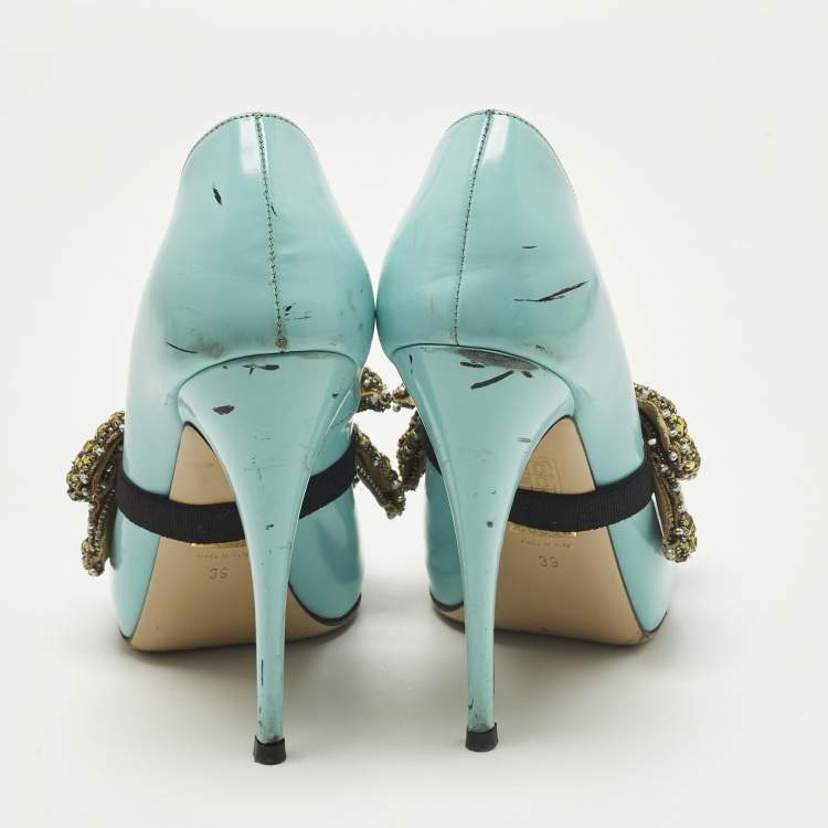 Pre Owned Gucci Elaisa Size 39 Blue Leather Crystal Embellished Pumps