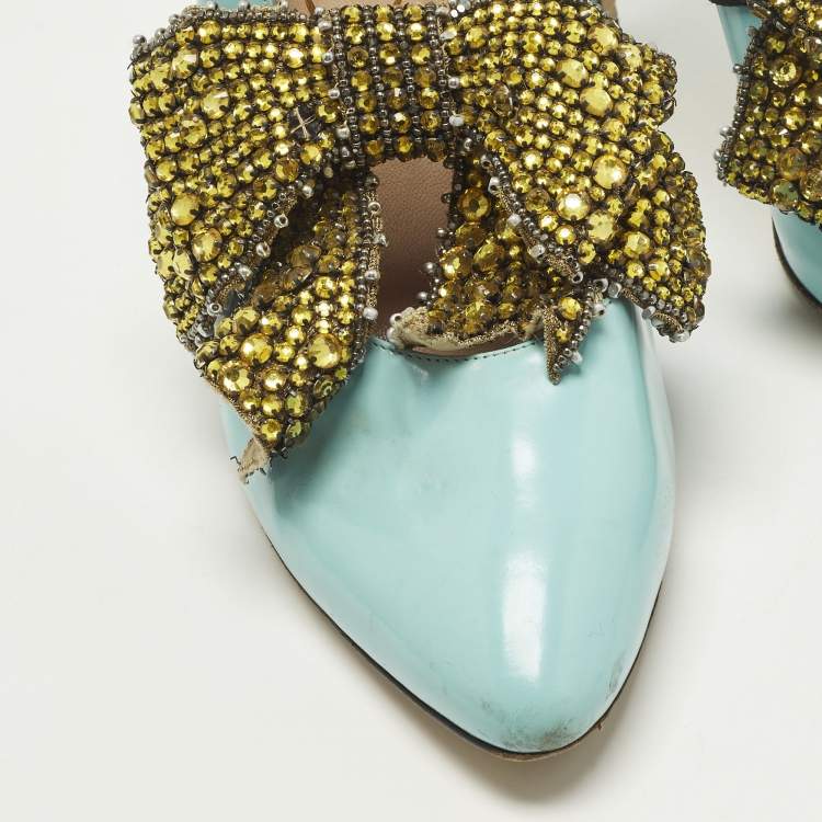 Pre Owned Gucci Elaisa Size 39 Blue Leather Crystal Embellished Pumps
