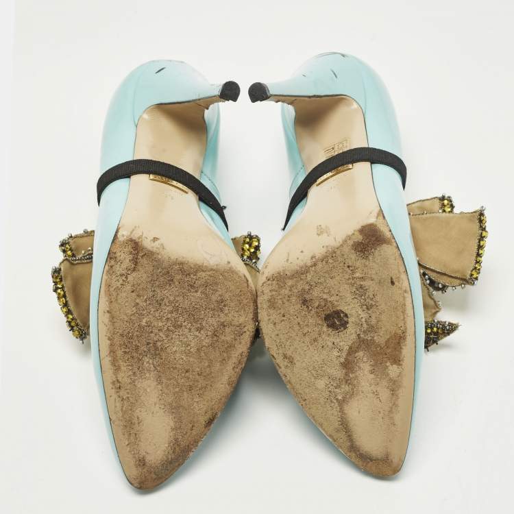 Pre Owned Gucci Elaisa Size 39 Blue Leather Crystal Embellished Pumps