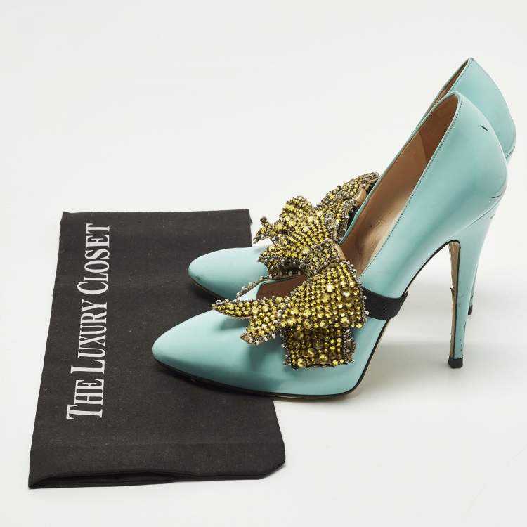 Pre Owned Gucci Elaisa Size 39 Blue Leather Crystal Embellished Pumps