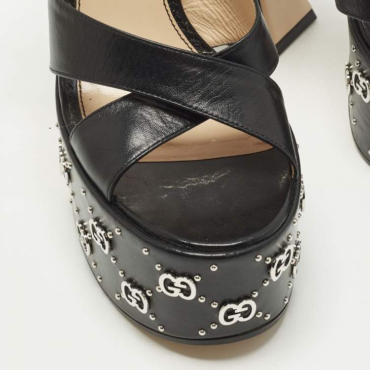 Pre Owned Gucci Size 39 Black Leather GG Embellished Platform  Ankle Strap Sandals