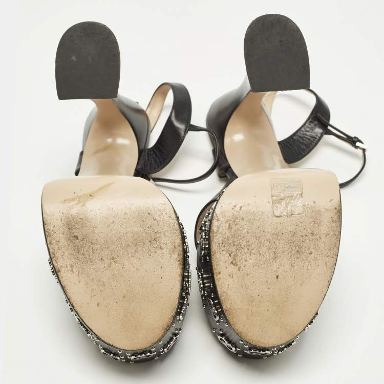 Pre Owned Gucci Size 39 Black Leather GG Embellished Platform  Ankle Strap Sandals