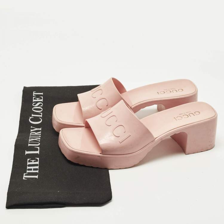 Pre Owned Gucci Size 37 Pink Rubber Logo Slide Sandals