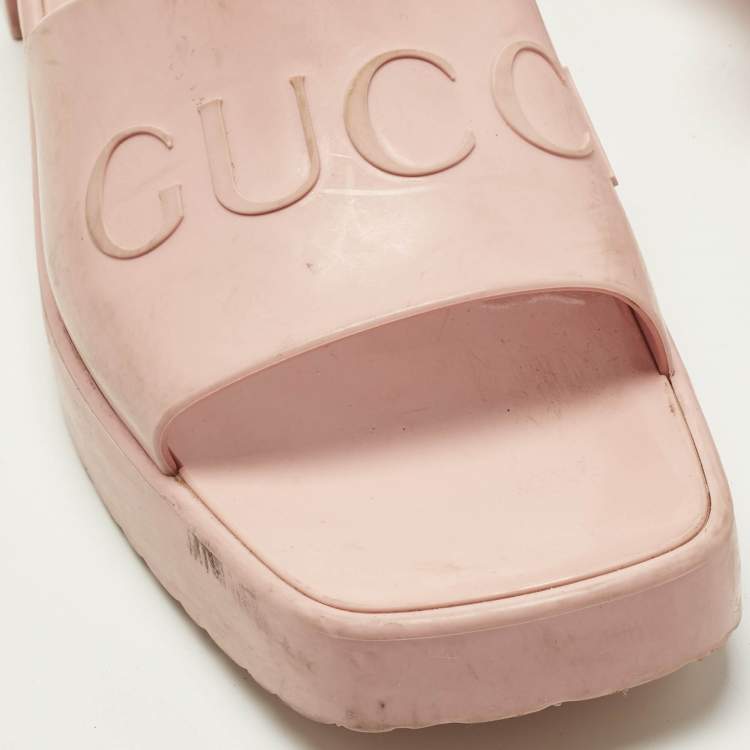 Pre Owned Gucci Size 37 Pink Rubber Logo Slide Sandals