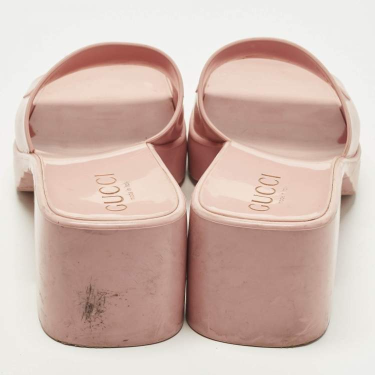 Pre Owned Gucci Size 37 Pink Rubber Logo Slide Sandals