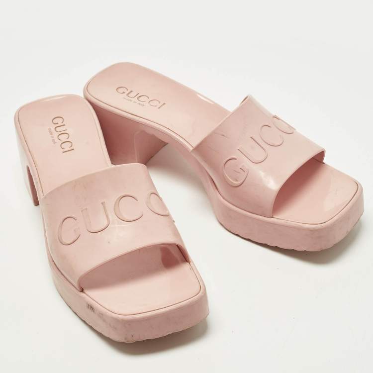 Pre Owned Gucci Size 37 Pink Rubber Logo Slide Sandals