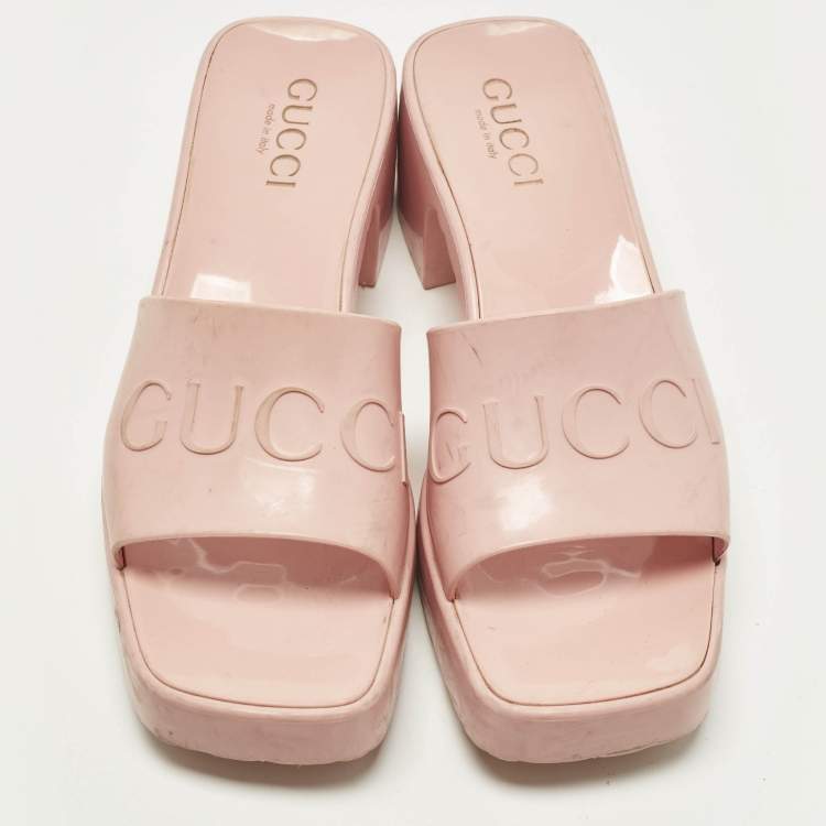 Pre Owned Gucci Size 37 Pink Rubber Logo Slide Sandals