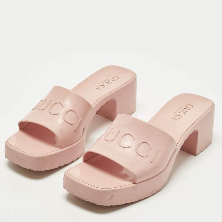 Pre Owned Gucci Size 37 Pink Rubber Logo Slide Sandals