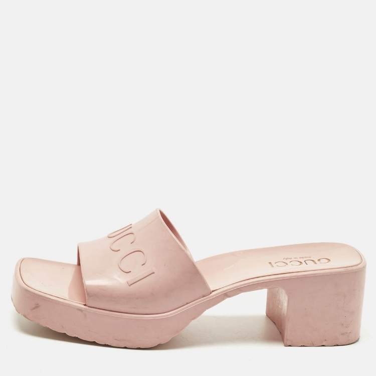 Pre Owned Gucci Size 37 Pink Rubber Logo Slide Sandals