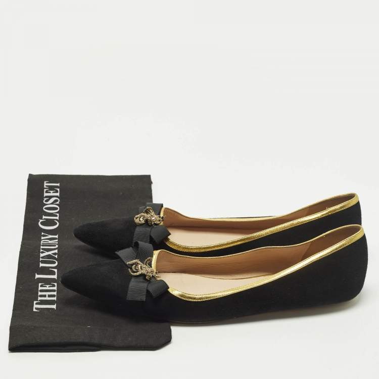 Pre Owned Gucci Size 40.5 Black Leather and Suede  Bee Bow Embellished Pointed Toe Ballet Flats