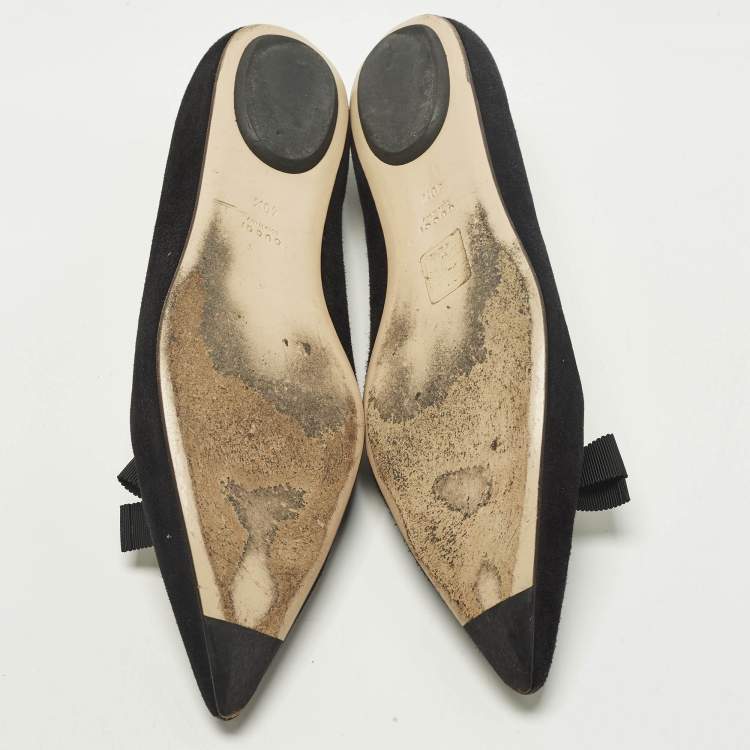 Pre Owned Gucci Size 40.5 Black Leather and Suede  Bee Bow Embellished Pointed Toe Ballet Flats