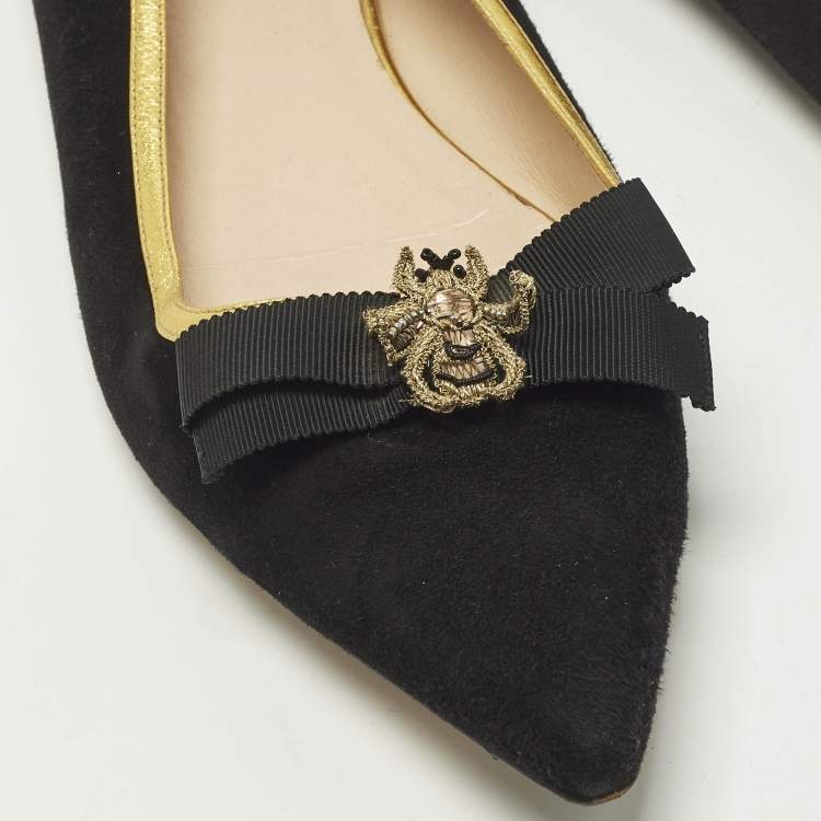 Pre Owned Gucci Size 40.5 Black Leather and Suede  Bee Bow Embellished Pointed Toe Ballet Flats
