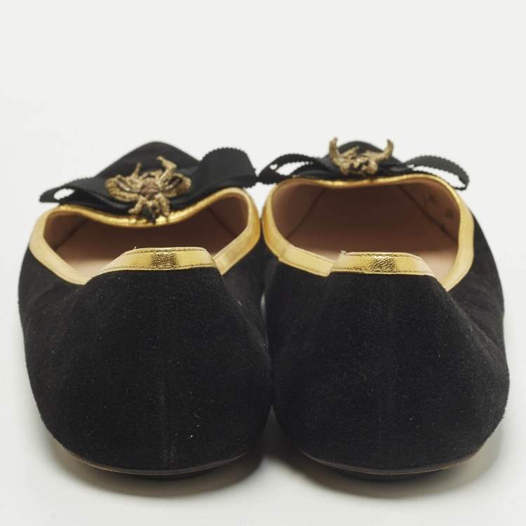Pre Owned Gucci Size 40.5 Black Leather and Suede  Bee Bow Embellished Pointed Toe Ballet Flats
