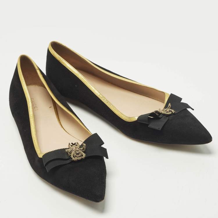 Pre Owned Gucci Size 40.5 Black Leather and Suede  Bee Bow Embellished Pointed Toe Ballet Flats