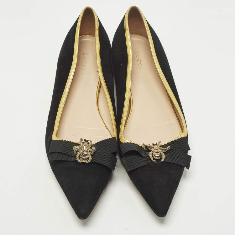 Pre Owned Gucci Size 40.5 Black Leather and Suede  Bee Bow Embellished Pointed Toe Ballet Flats