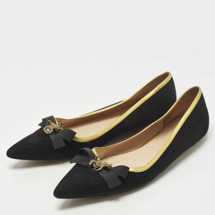 Pre Owned Gucci Size 40.5 Black Leather and Suede  Bee Bow Embellished Pointed Toe Ballet Flats