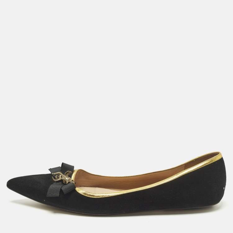 Pre Owned Gucci Size 40.5 Black Leather and Suede  Bee Bow Embellished Pointed Toe Ballet Flats