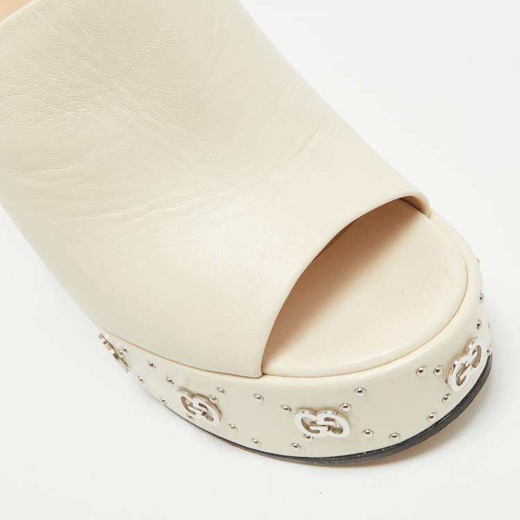 Pre Owned Gucci Size 38 Cream Leather GG Platform Slide Sandals
