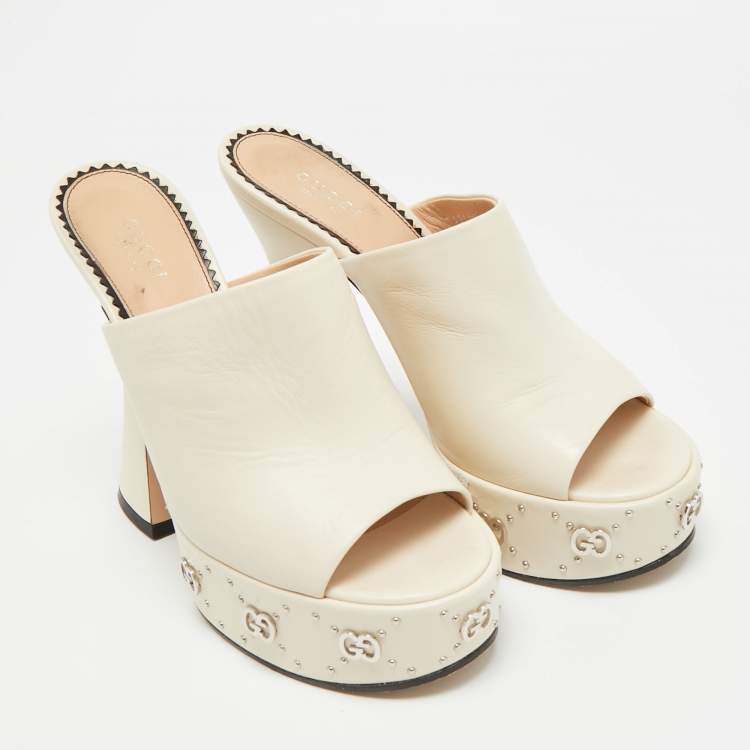 Pre Owned Gucci Size 38 Cream Leather GG Platform Slide Sandals