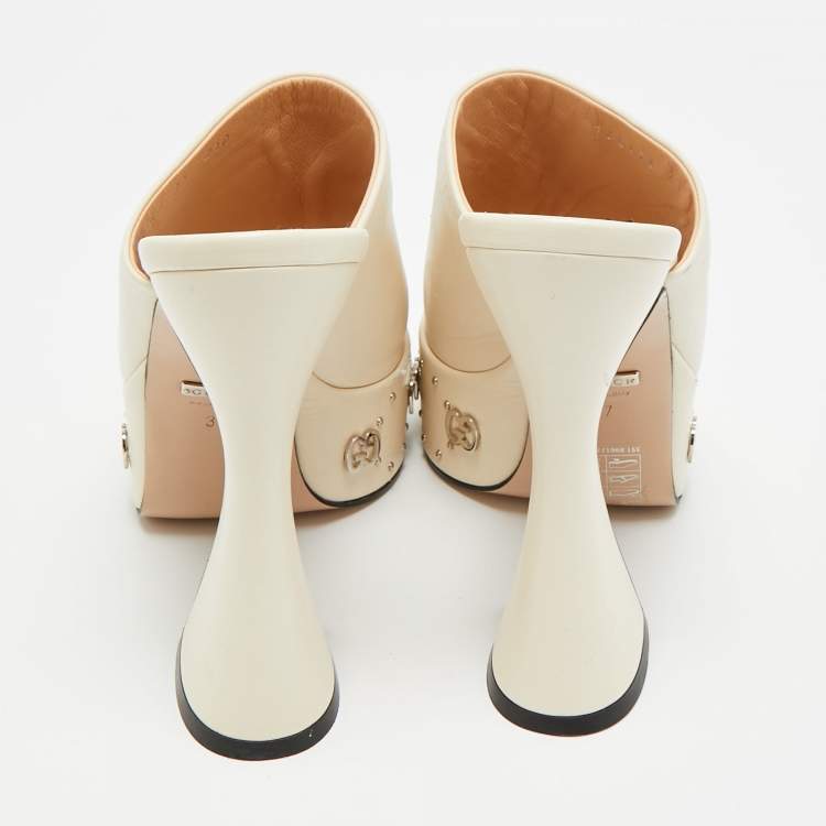 Pre Owned Gucci Size 38 Cream Leather GG Platform Slide Sandals