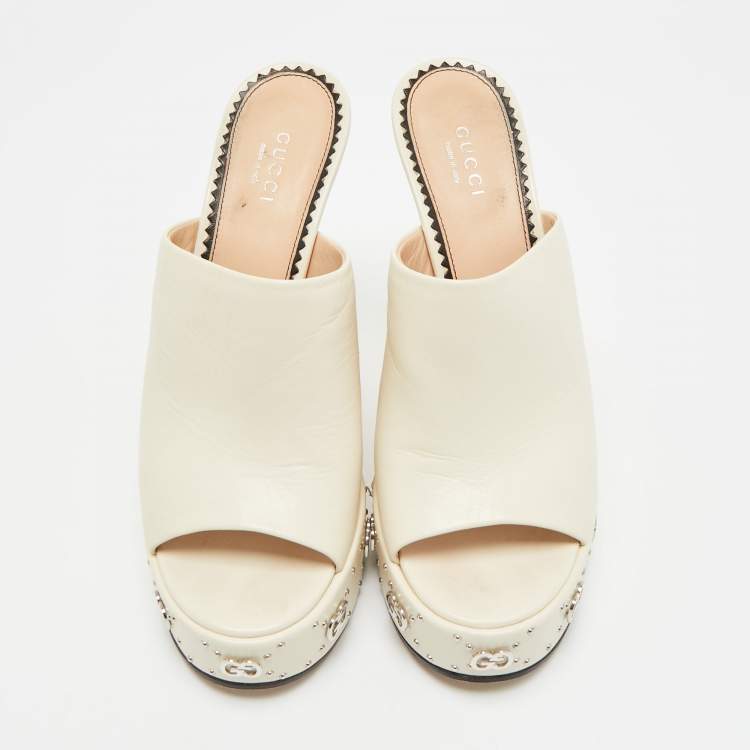Pre Owned Gucci Size 38 Cream Leather GG Platform Slide Sandals