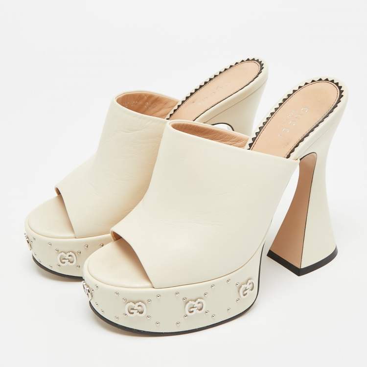 Pre Owned Gucci Size 38 Cream Leather GG Platform Slide Sandals