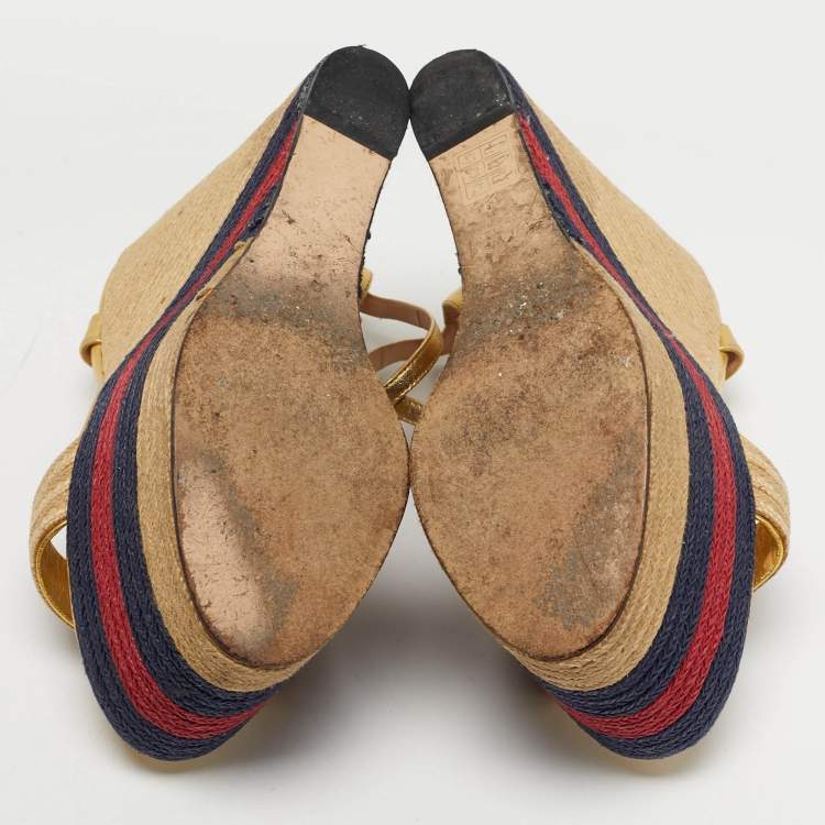 Pre Owned Gucci Size 39 Multicolor Leather and Raffia Espadrille Wedge Ankle Strap Sandals