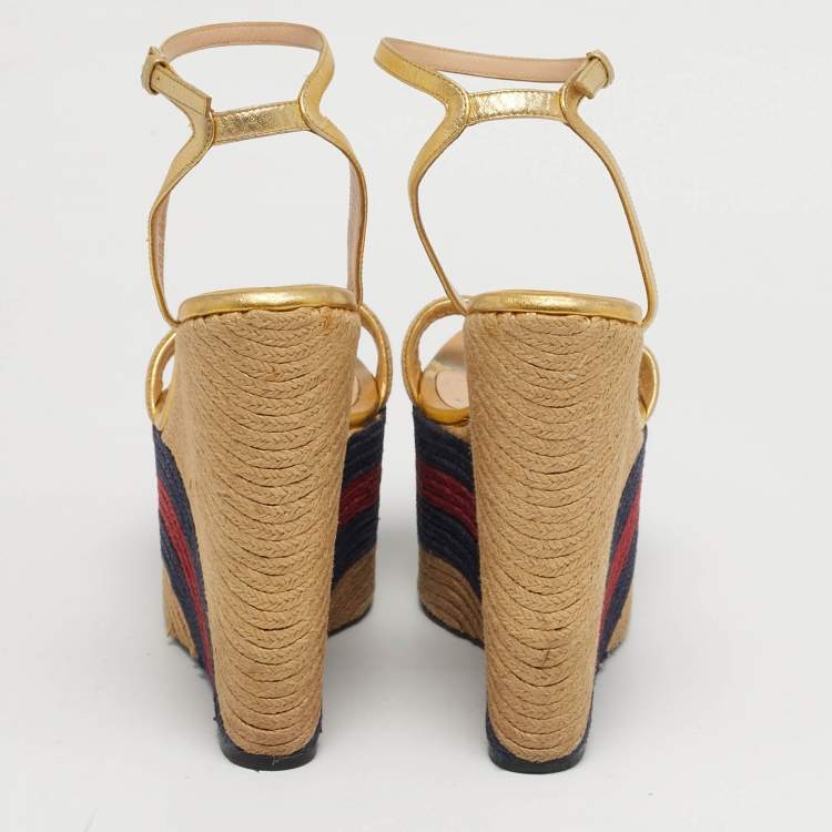 Pre Owned Gucci Size 39 Multicolor Leather and Raffia Espadrille Wedge Ankle Strap Sandals