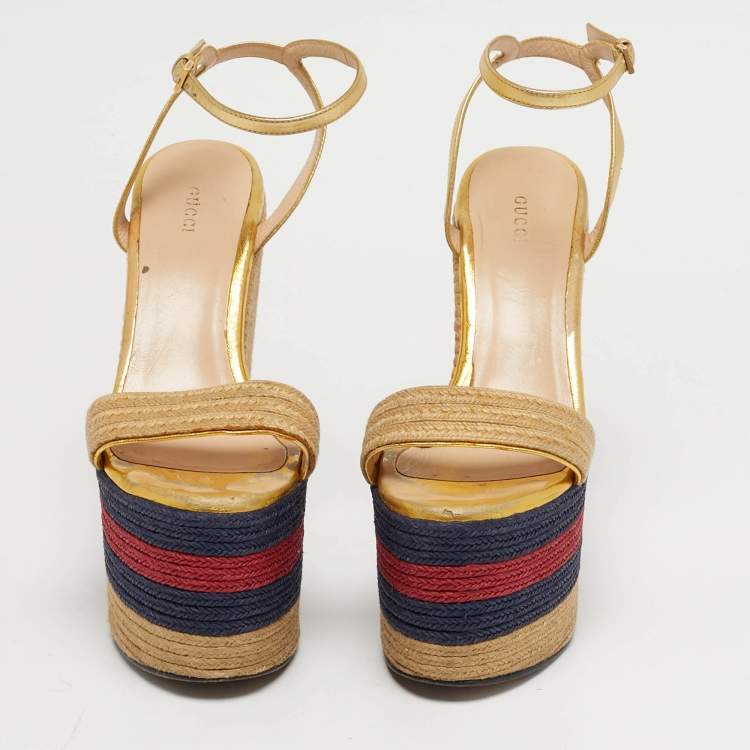 Pre Owned Gucci Size 39 Multicolor Leather and Raffia Espadrille Wedge Ankle Strap Sandals