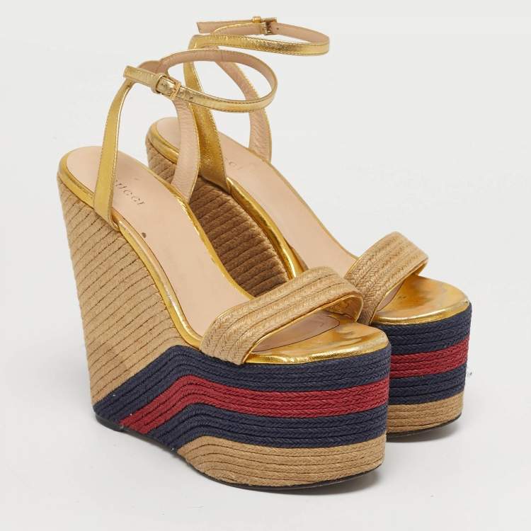 Pre Owned Gucci Size 39 Multicolor Leather and Raffia Espadrille Wedge Ankle Strap Sandals