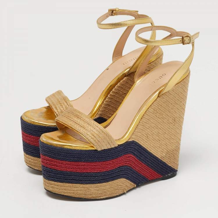 Pre Owned Gucci Size 39 Multicolor Leather and Raffia Espadrille Wedge Ankle Strap Sandals