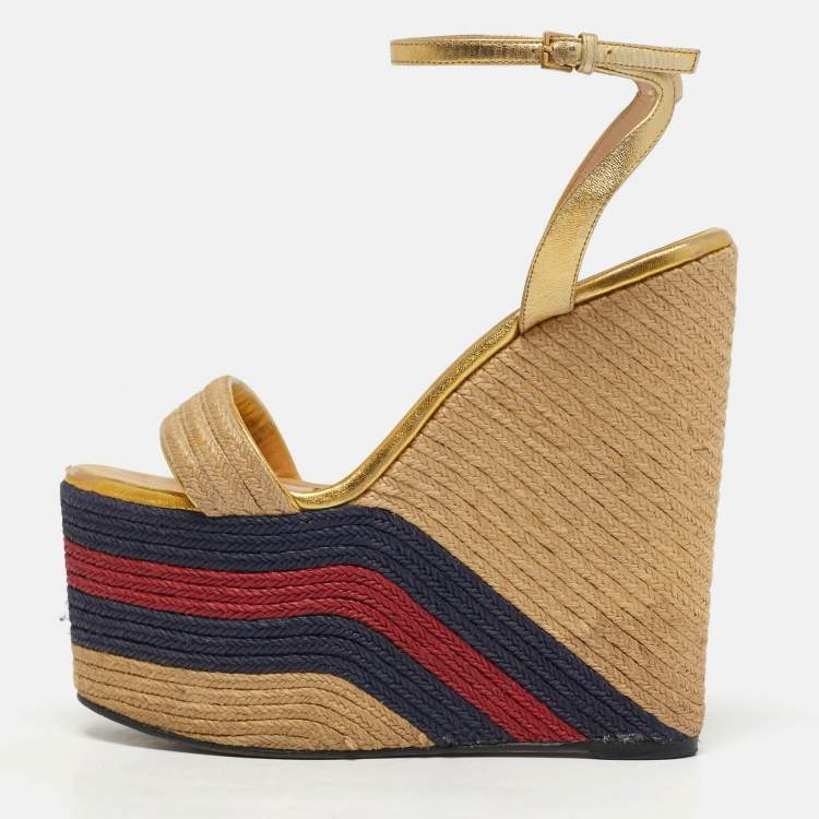 Pre Owned Gucci Size 39 Multicolor Leather and Raffia Espadrille Wedge Ankle Strap Sandals