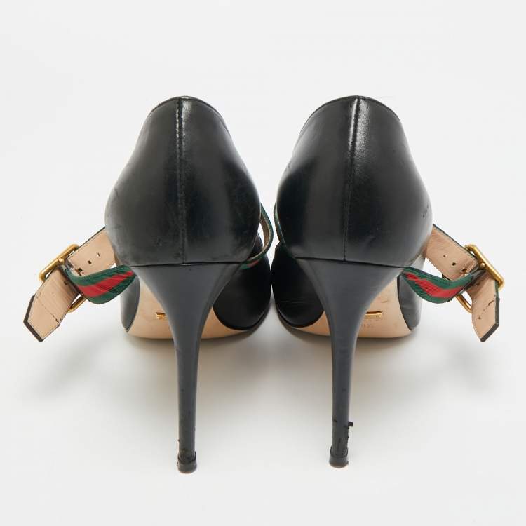 Pre Owned Gucci Slyvie Size 39.5 Black Leather Mary Jane Pumps