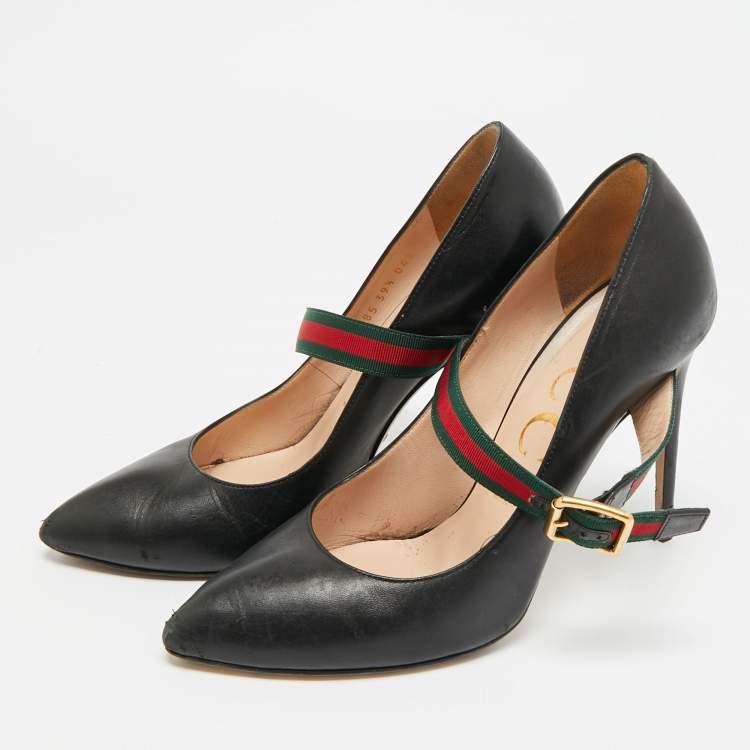 Pre Owned Gucci Slyvie Size 39.5 Black Leather Mary Jane Pumps