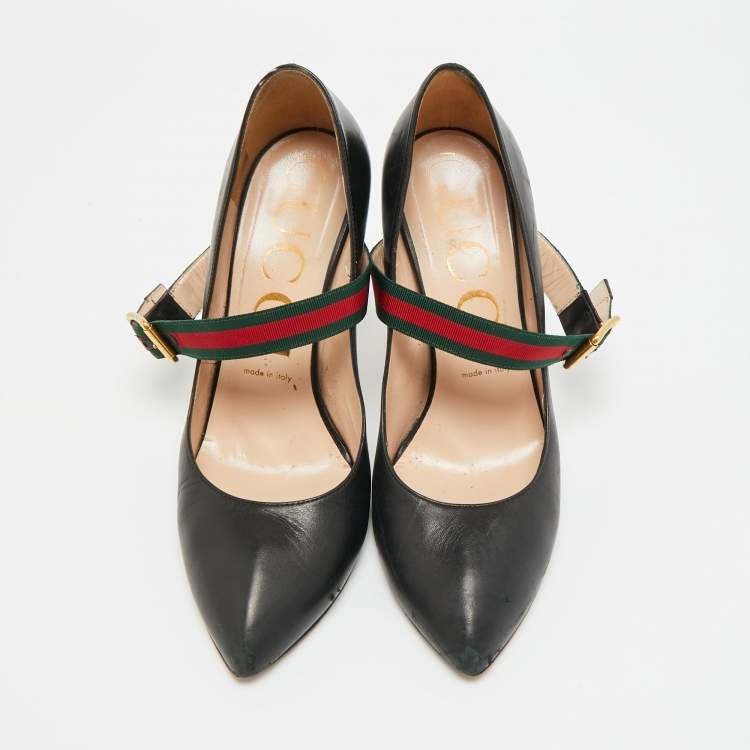 Pre Owned Gucci Slyvie Size 39.5 Black Leather Mary Jane Pumps
