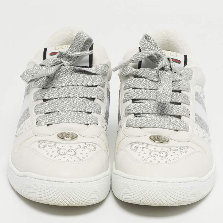 Pre Owned حذاء رياضي غوت شي سكرينر قماش أبيض وجلد مزين بالكريستال برباط مقاس 38