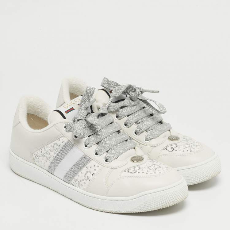 Pre Owned حذاء رياضي غوتشي سكرينر قماش أبيض وجلد مزين بالكريستال برباط مقاس 38