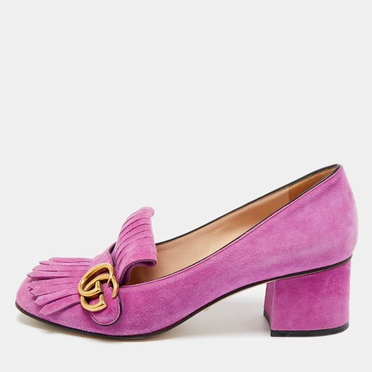 Pre Owned Gucci GG Marmont Size 39 Purple Suede Fringe Block Heel Pumps